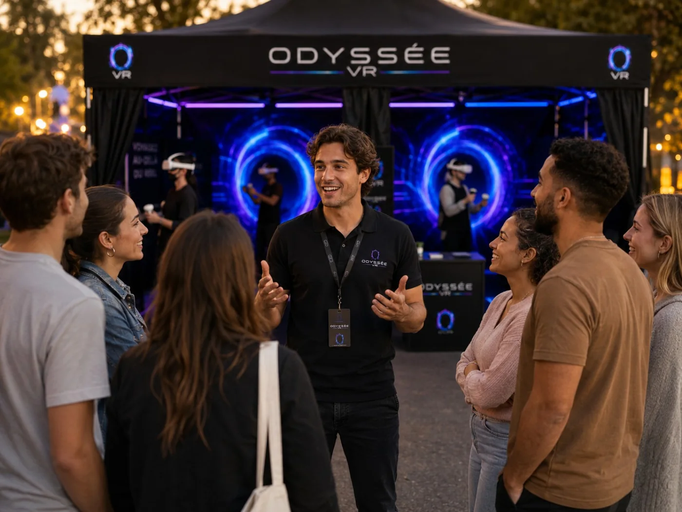 Animateur Odyssée VR présentant l’expérience devant le stand
