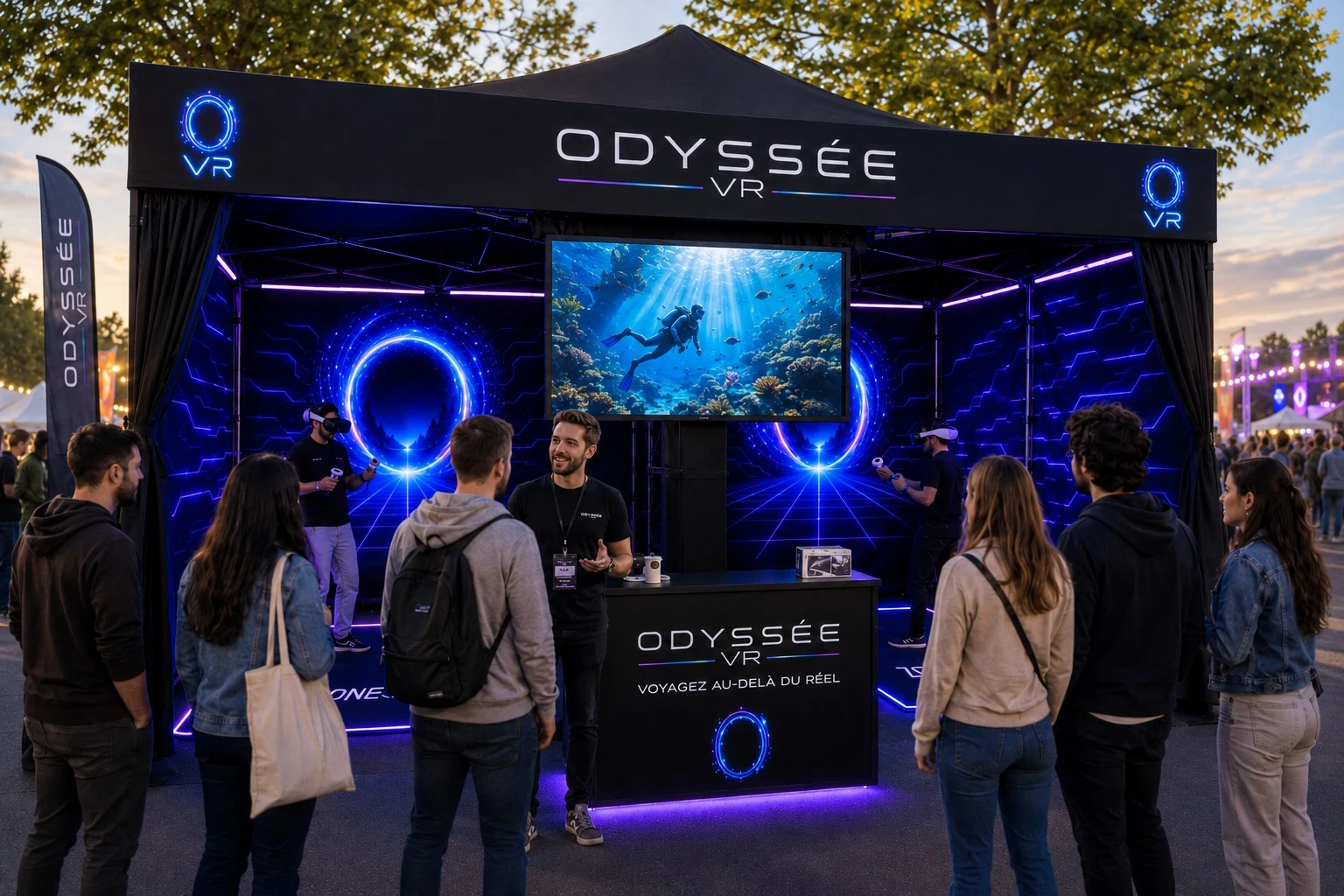 Stand Odyssée VR installé avec animateur, participants et écran spectateur